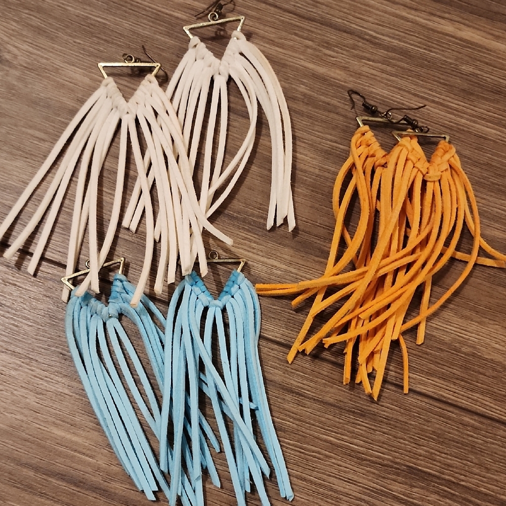 Elegant Fringe Earrings Set - White, Blue, and Orange